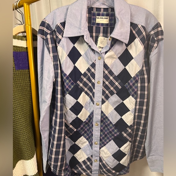 Free People We The Free Argyle Plaid Shirt in Blue Combo - Picture 3 of 7